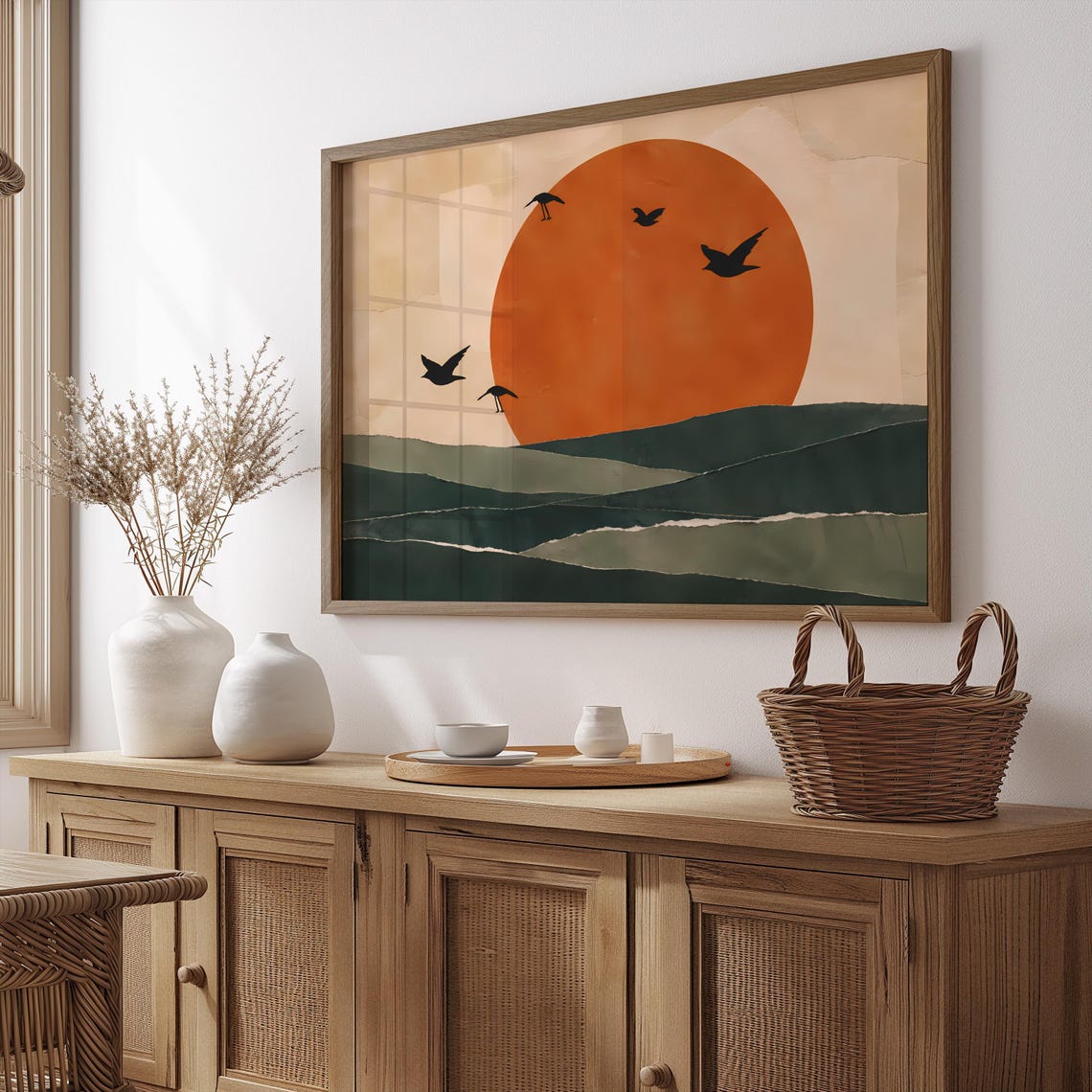 Orange Sun With Birds Over Layered Green Hills Landscape Poster