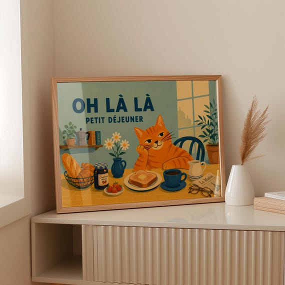 Digital Download Oh La Ginger Cat French Petit Dejeuner Printable Wall Art Coffee Toast Print File