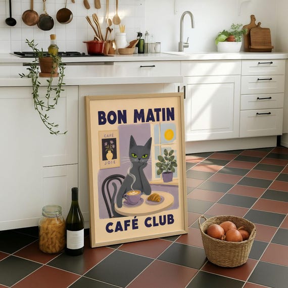 Vintage Black Cat Croissant Poster, French Typography
