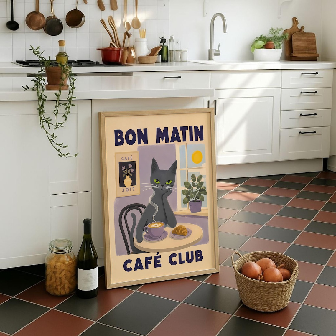 Vintage Black Cat Croissant Poster, French Typography