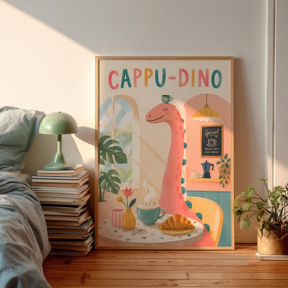 Danish Pastel Cappudino Typography Poster Cute Pink Dinosaur Coffee Wall Art Modern Brachiosaurus Cafe Print Whimsical Kitchen Decor