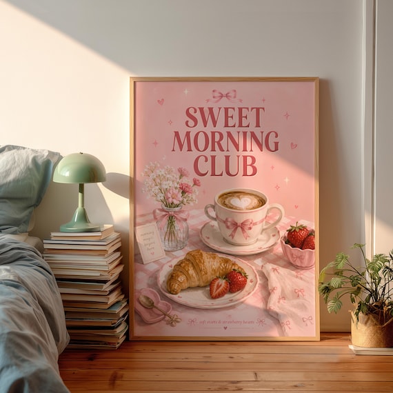 Sweet Morning Club Pink Preppy Coffee Croissant Aesthetic Poster