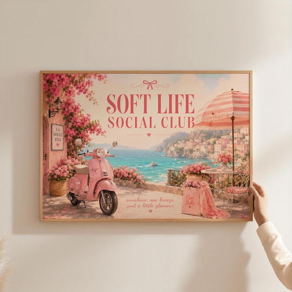 Soft Life Social Club Pink Vespa Scooter Italian Coast Retro Poster