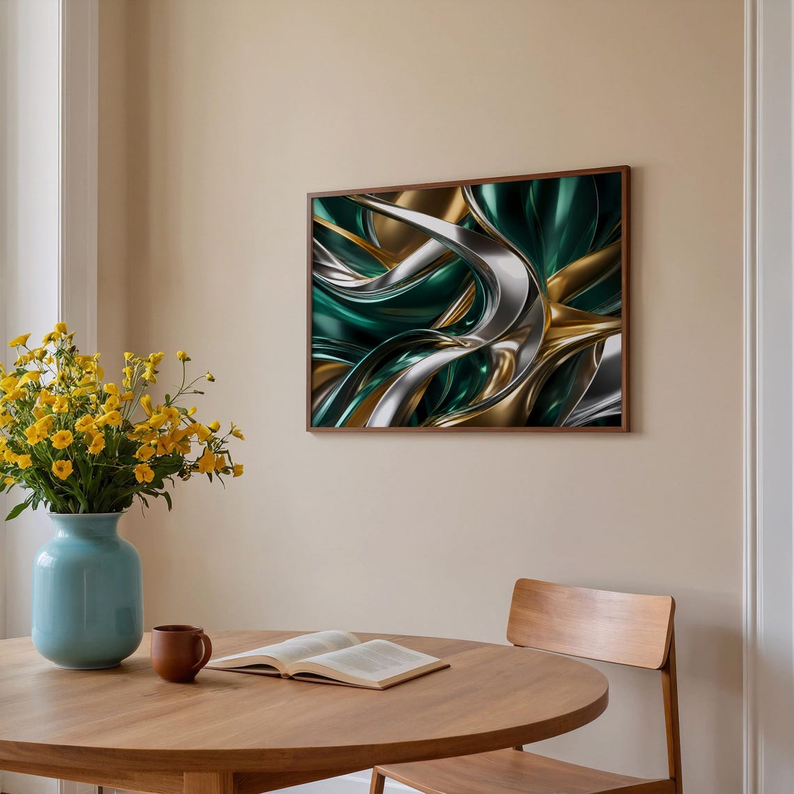 Emerald Green Gold and Silver Metallic Ribbon Abstract Poster
