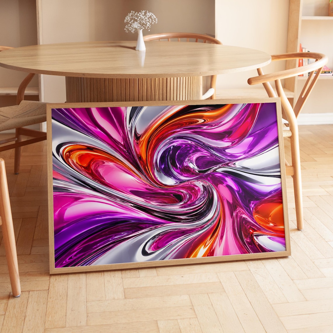 Magenta Pink Liquid Metal Abstract, Chrome Swirl