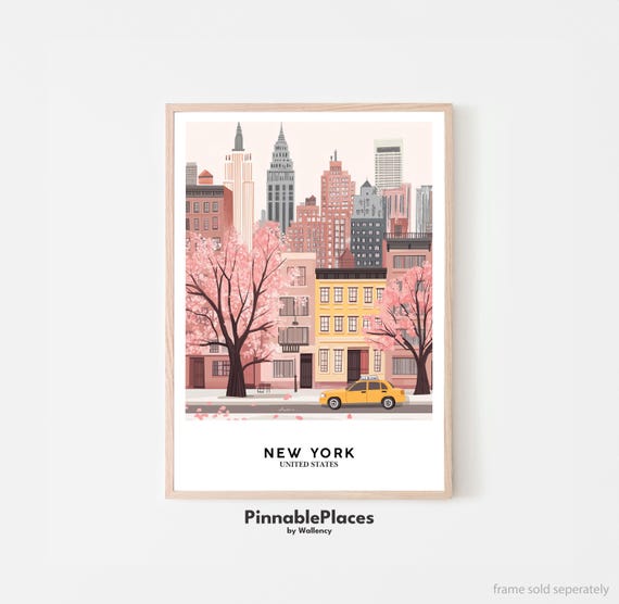 Nyc Springtime Art Print Pastel Cityscape With Yellow Taxi File