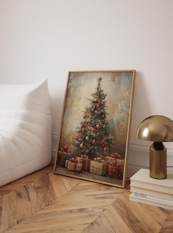 Old Fashioned Christmas Tree Oil Painting with Presents Holiday Poster