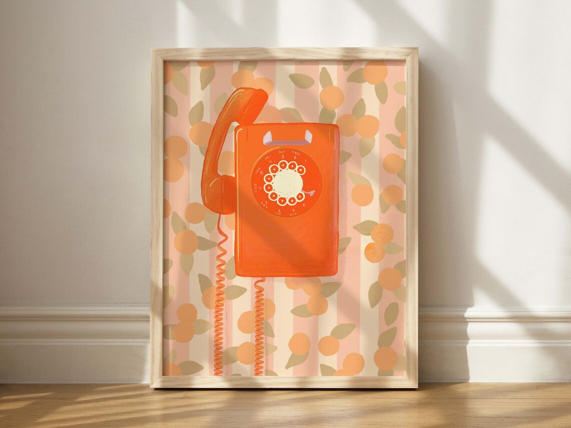 Orange Retro Rotary Phone Vintage Telephone Poster Wall Decor