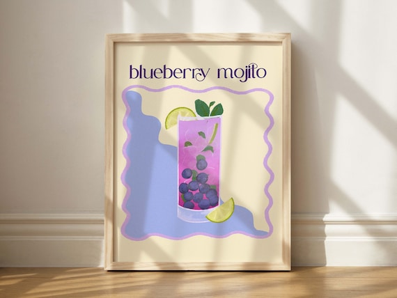 Blueberry Mojito Cocktail Illustration Purple Bar Cart Art Poster