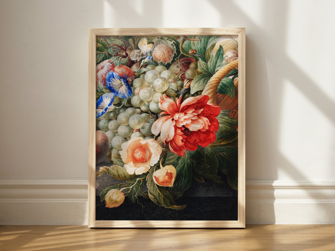 Fruit and Florals Art Print, Maximalist Moody Decor