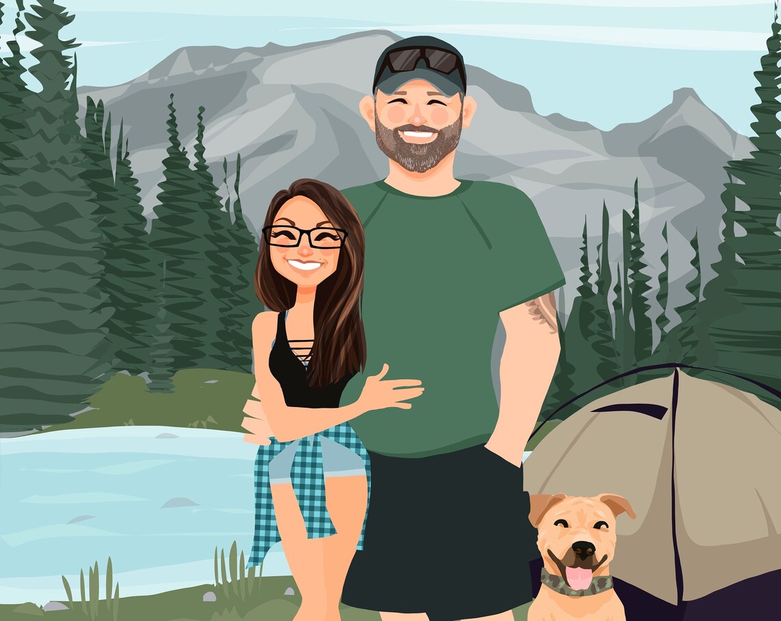 Custom Illustrated Couple and Dog Portrait in Front of House Poster - Image 6