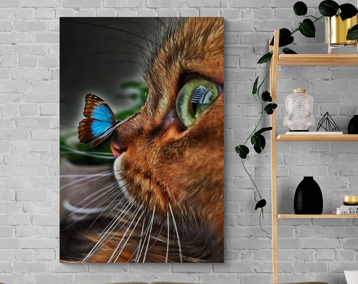 Orange Cat With Blue Butterfly On Nose Green Eyes Animal Portrait Art - Image 3