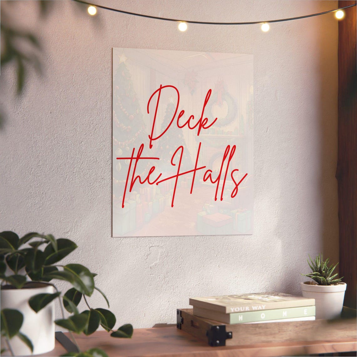 Deck The Halls Red Script Poster Over Pastel Christmas Room Scene Art - Image 3