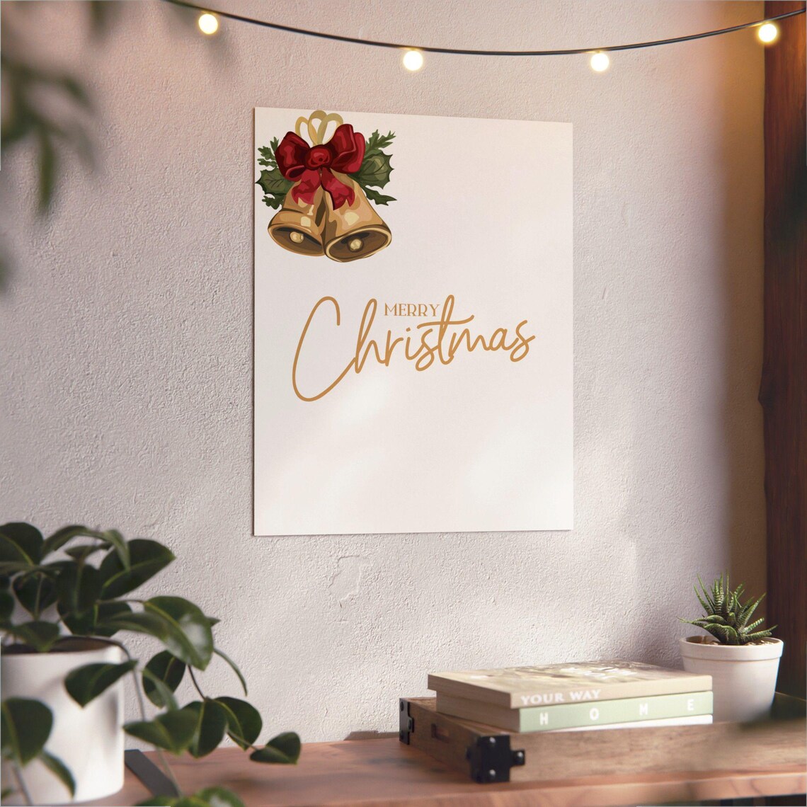 Merry Christmas Golden Bells Red Bow Holly Vintage Classic Poster - Image 3