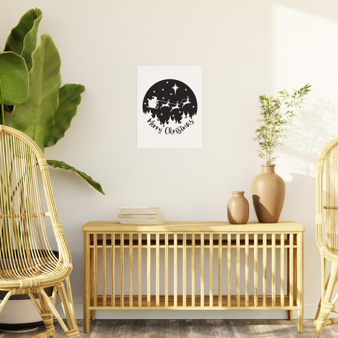 Merry Christmas Santa Sleigh Reindeer Black Moon Night Poster - Image 3