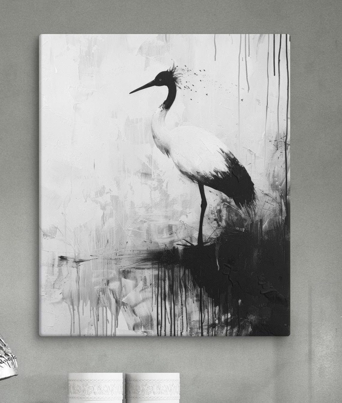 Black And White Crane Standing Water Reflection Minimalist Bird Poster