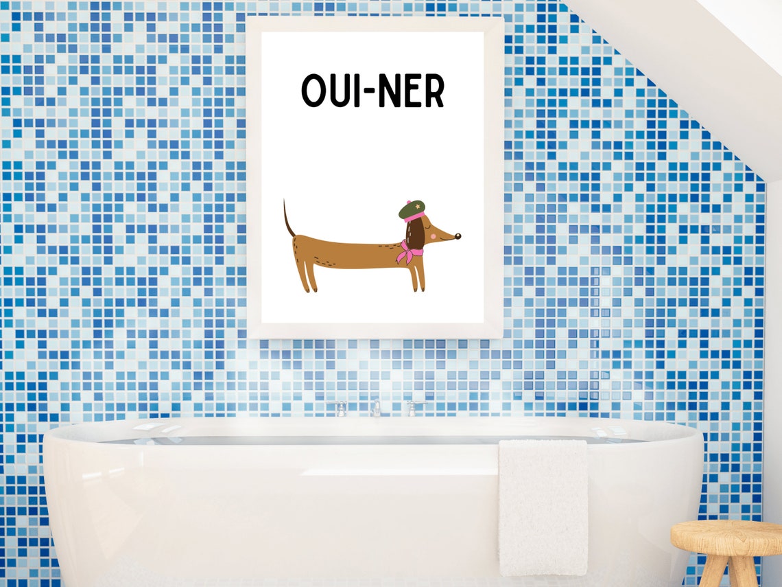 French Oui Wiener Dog Print Adorable Dachshund Parisian Doxie Love Poster Pink Dog Amour Decor Punny Art Gift Dog Parent