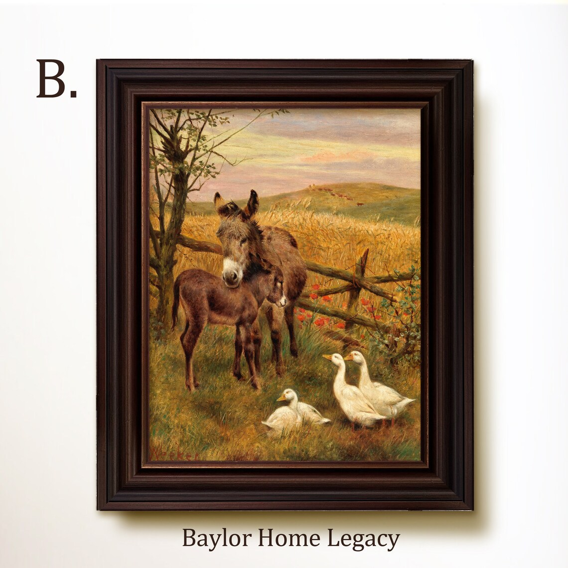 Ducks and Donkey Antique Oil Painting Art Print - Image 4