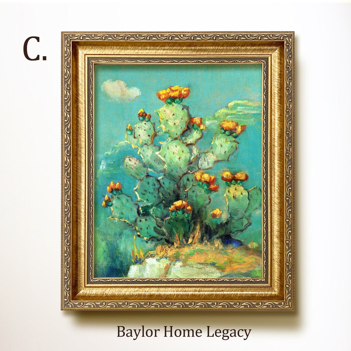 Prickly Pear Cactus with Orange Blooms Under Turquoise Sky Art Poster - Image 3