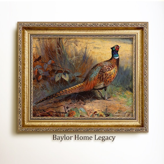 Ring Neck Pheasants Vintage Landscape Art Print