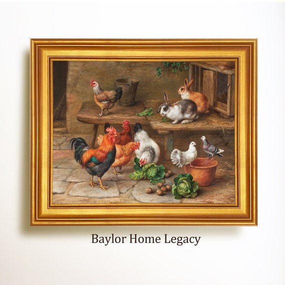 Chickens, Rabbits and Pigeons Art Print, Antique Barnyard