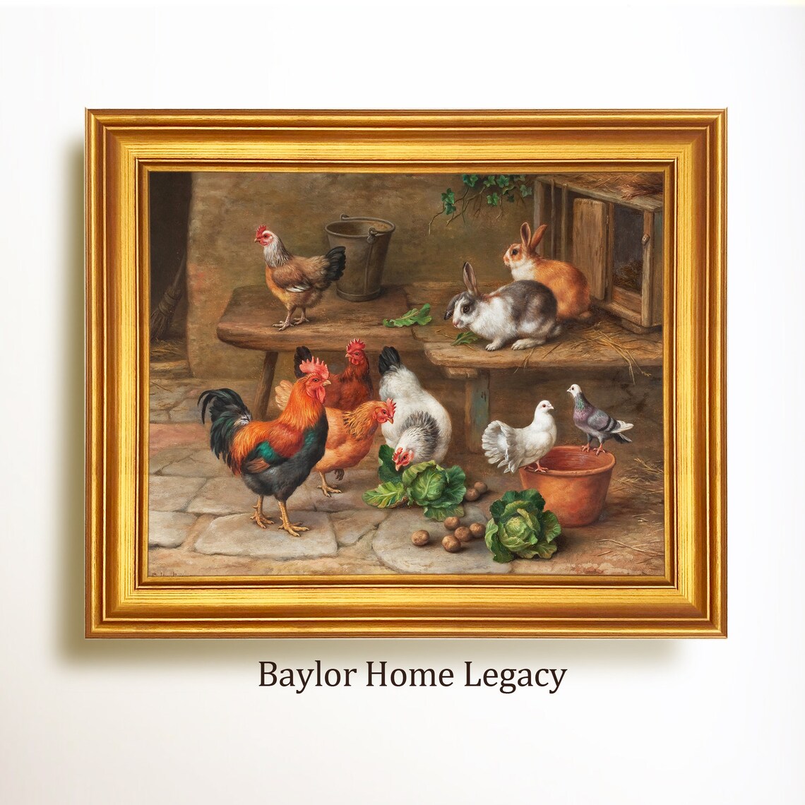 Chickens, Rabbits and Pigeons Art Print, Antique Barnyard
