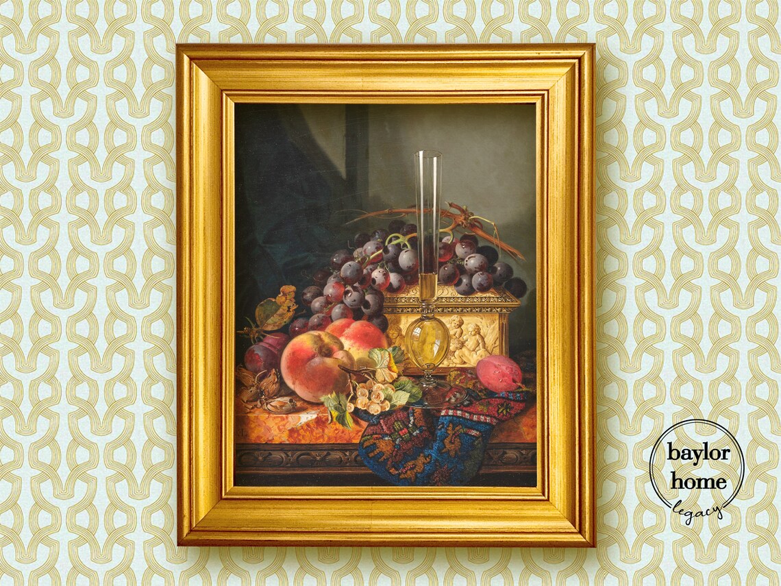 Still Life Of Grapes Peaches And Wine Glass Vintage Fruit Table Art Poster