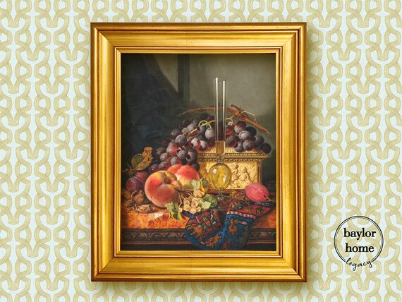 Still Life Of Grapes Peaches And Wine Glass Vintage Fruit Table Art Poster