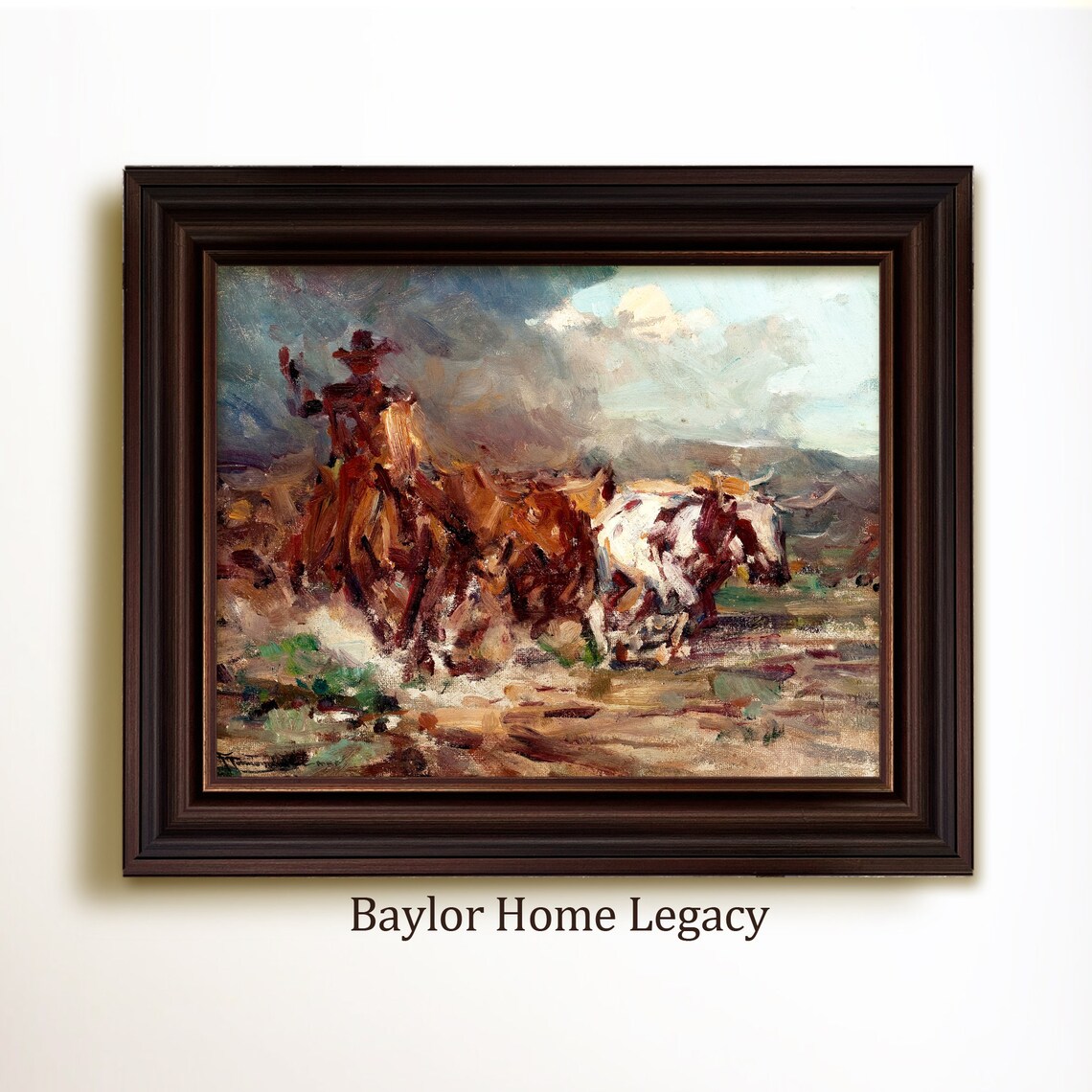 Cowboy On A Cattle Drive Vintage Oil Painting Art Print