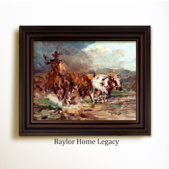 Cowboy On A Cattle Drive Vintage Oil Painting Art Print