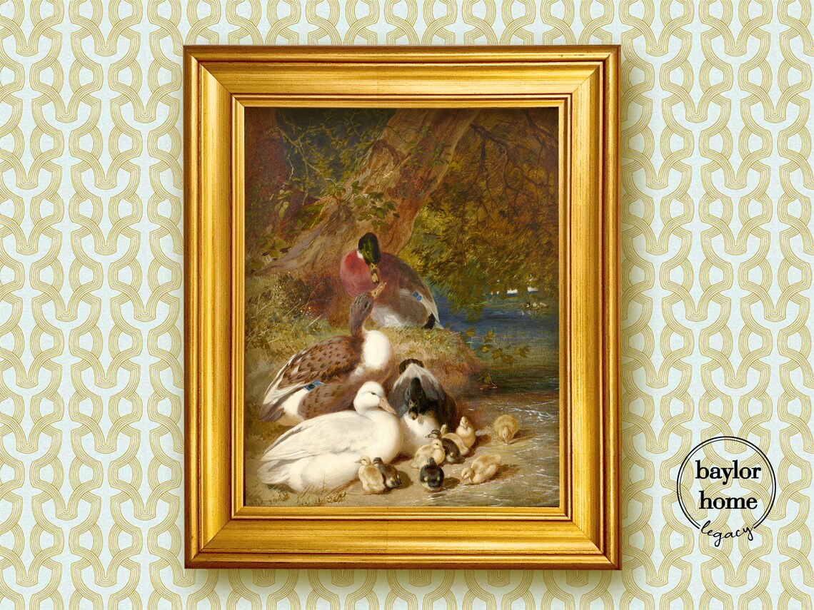 Mother Duck With Ducklings By The Water Vintage Mallard Family Poster
