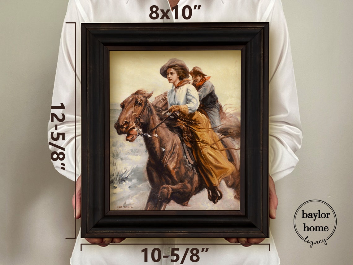 Framed Portrait Of A Cowgirl On Horseback Framed Vintage Cowgirl Oil Painting Print On Western Country Framed Art Print - Image 3