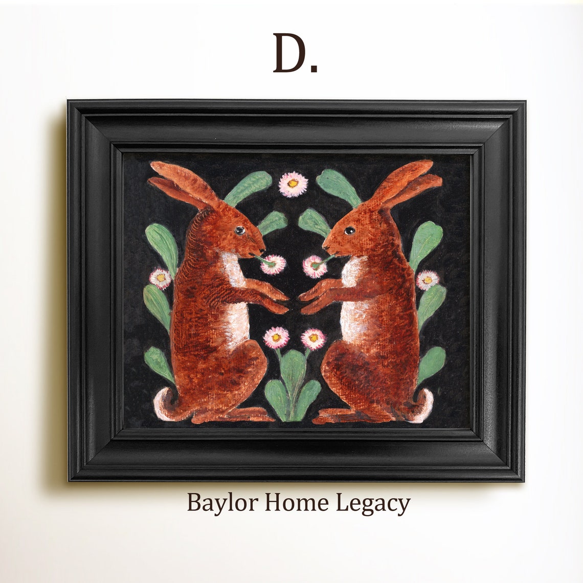 Two Folk Art Rabbits With Flowers Black Background Vintage Wall Art - Image 2