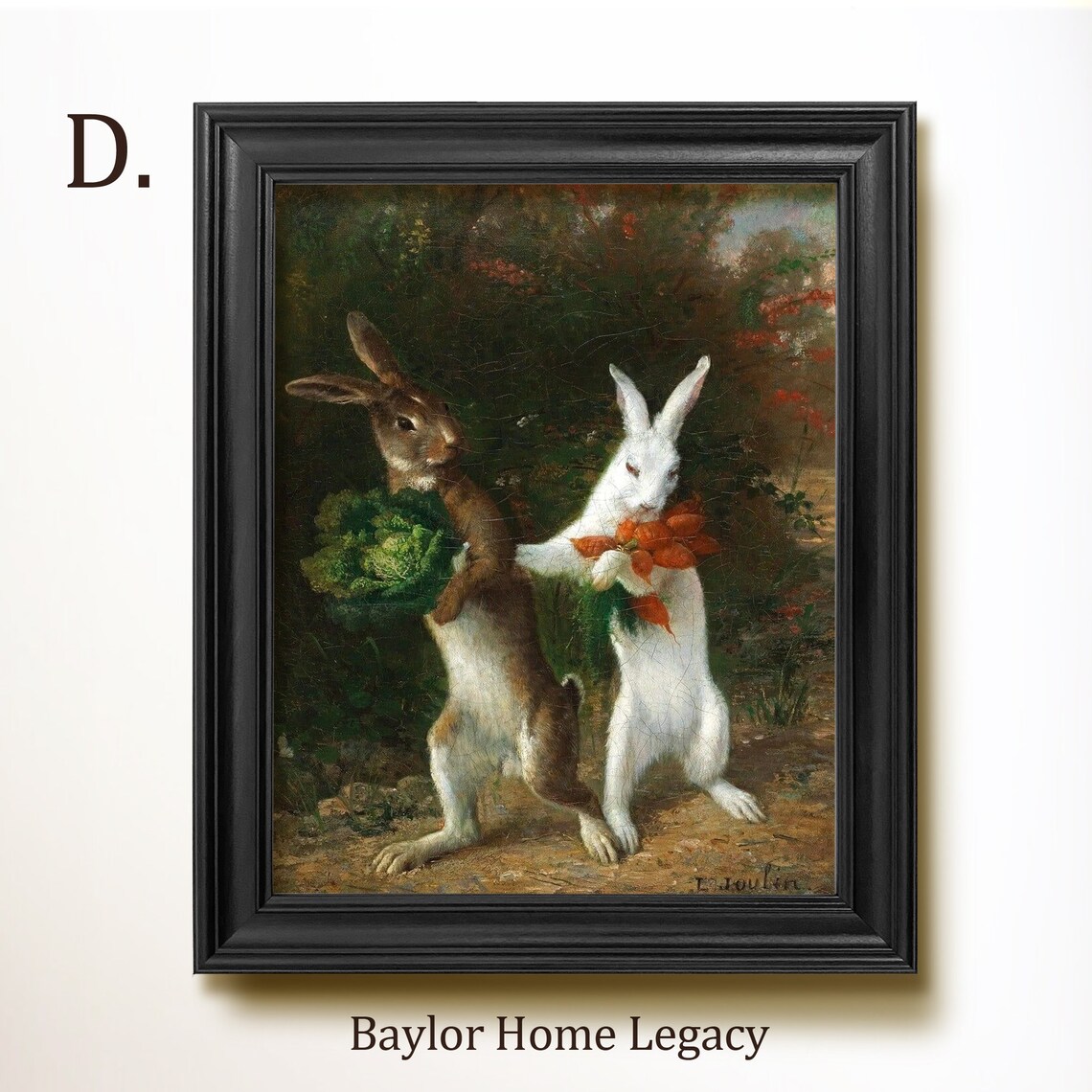 Walking Rabbits Antique Oil Painting Art Print - Image 2