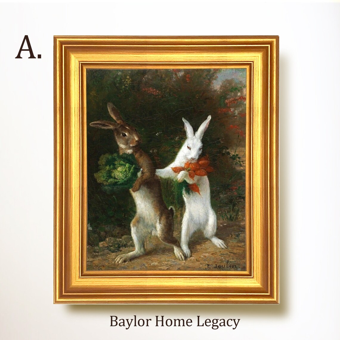 Walking Rabbits Antique Oil Painting Art Print - Image 5