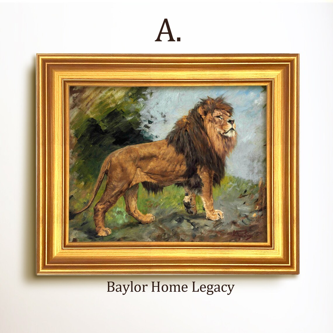 Majestic Lion Standing in Wild Landscape Vintage Wildlife Oil Painting Poster - Image 5