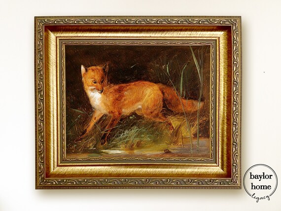 Red Fox Standing By Water At Night Vintage Woodland Fox Wildlife Poster