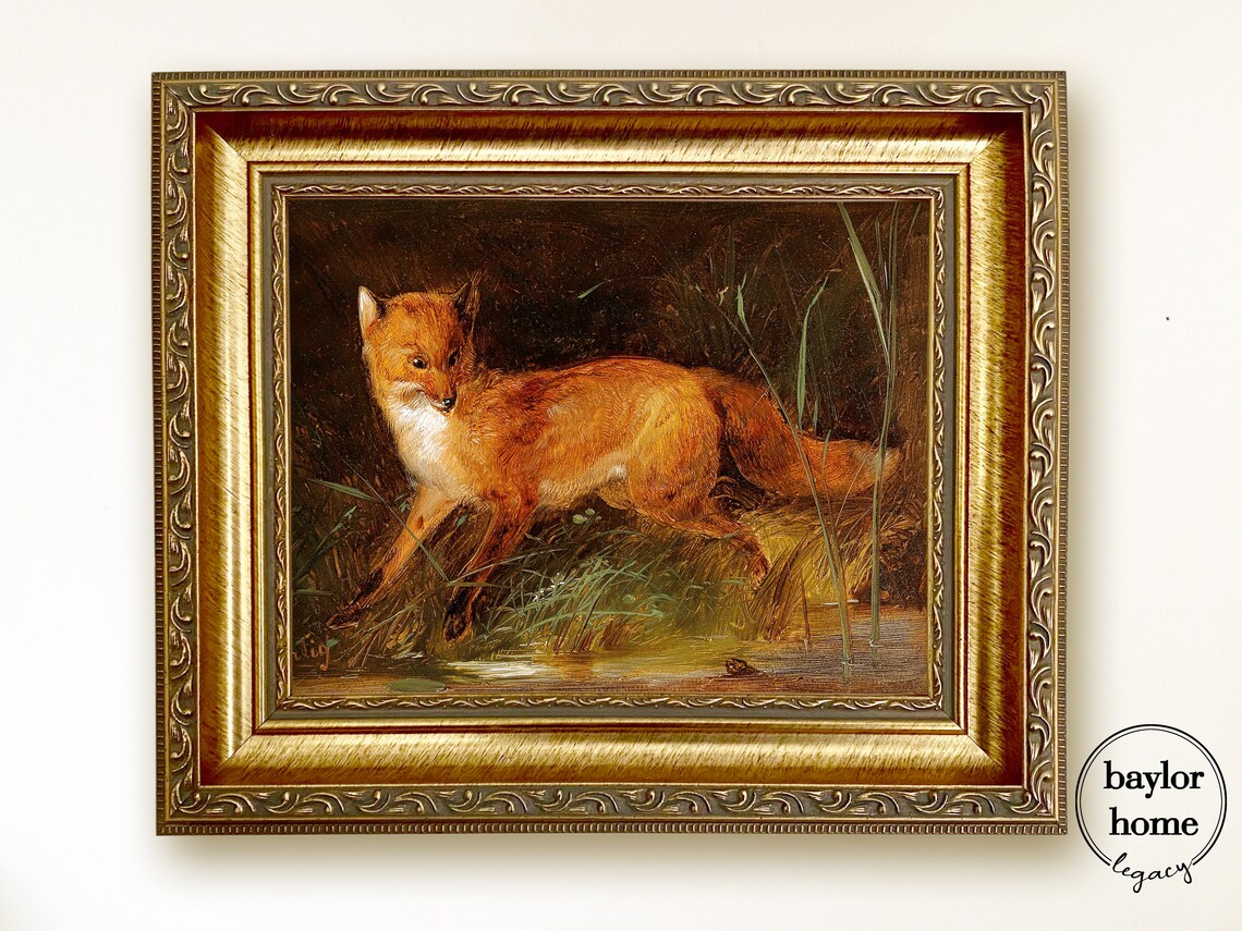 Red Fox Standing By Water At Night Vintage Woodland Fox Wildlife Poster