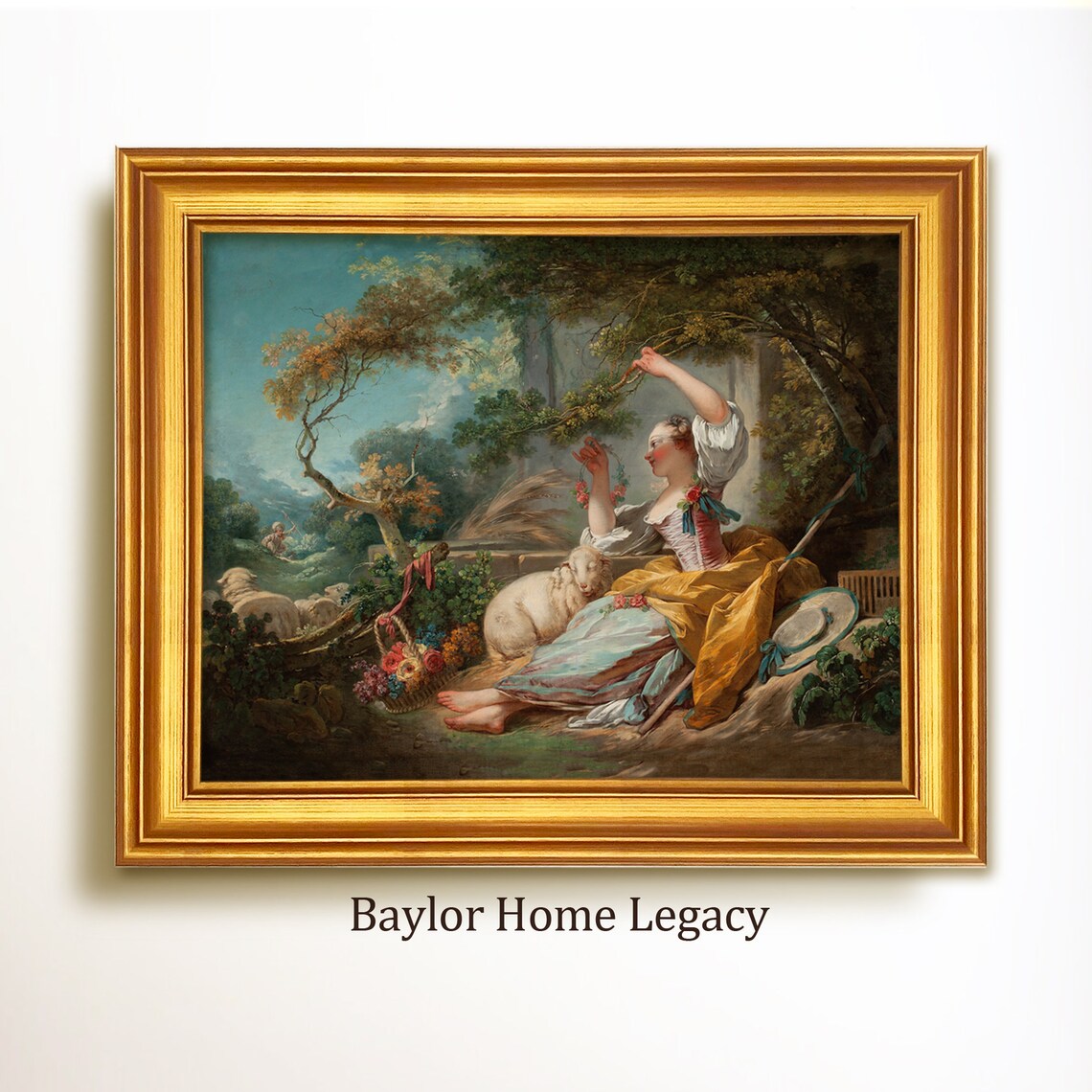 18th Century Shepherdess Oil Painting, Vintage Art Print