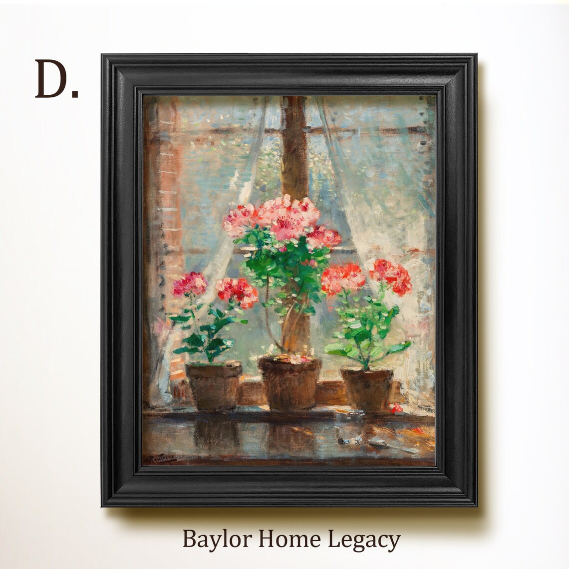 Vintage Geraniums In A Window Oil Painting Art Print - Image 2