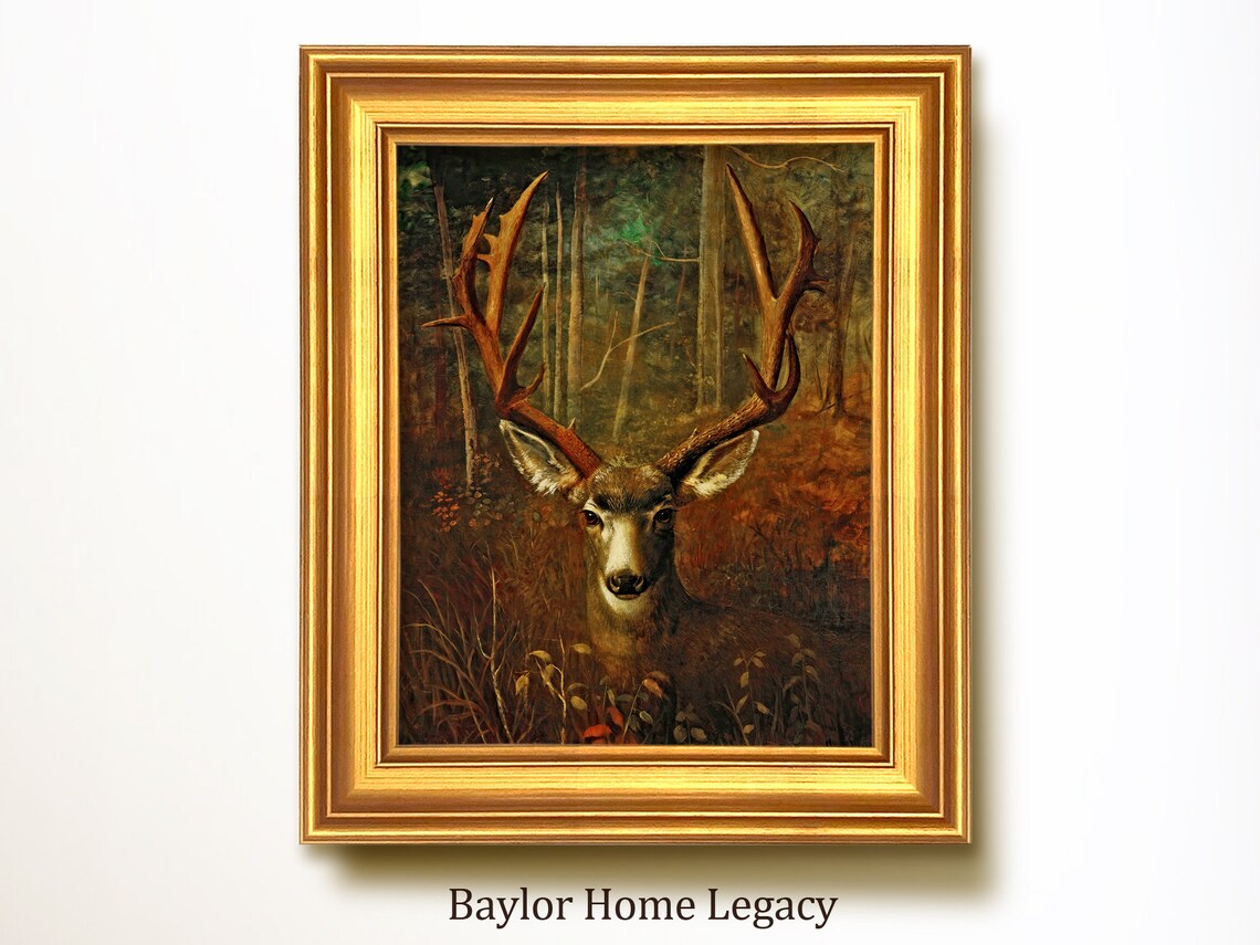 Vintage Deer Oil Painting Poster, Wildlife Decor