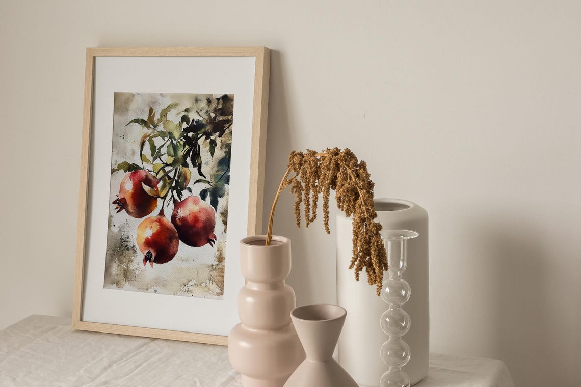 Pomegranates on a Branch Ripe Red Fruit Watercolor Botanical Poster - Image 3