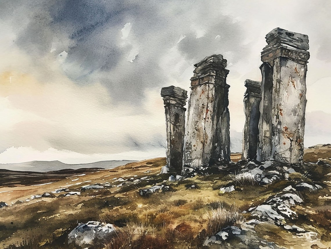 Ancient Stone Pillars Moor Ruins Dramatic Sky Watercolor Poster