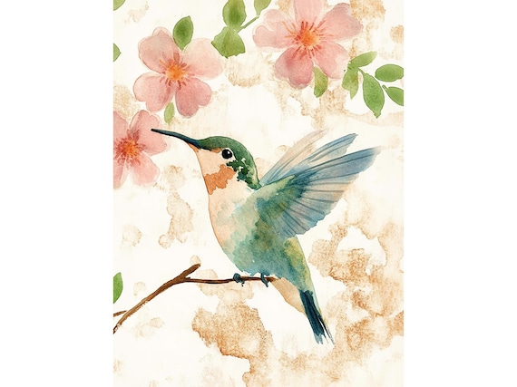 Hummingbird Perched Among Pink Blossoms Watercolor Bird Floral Poster