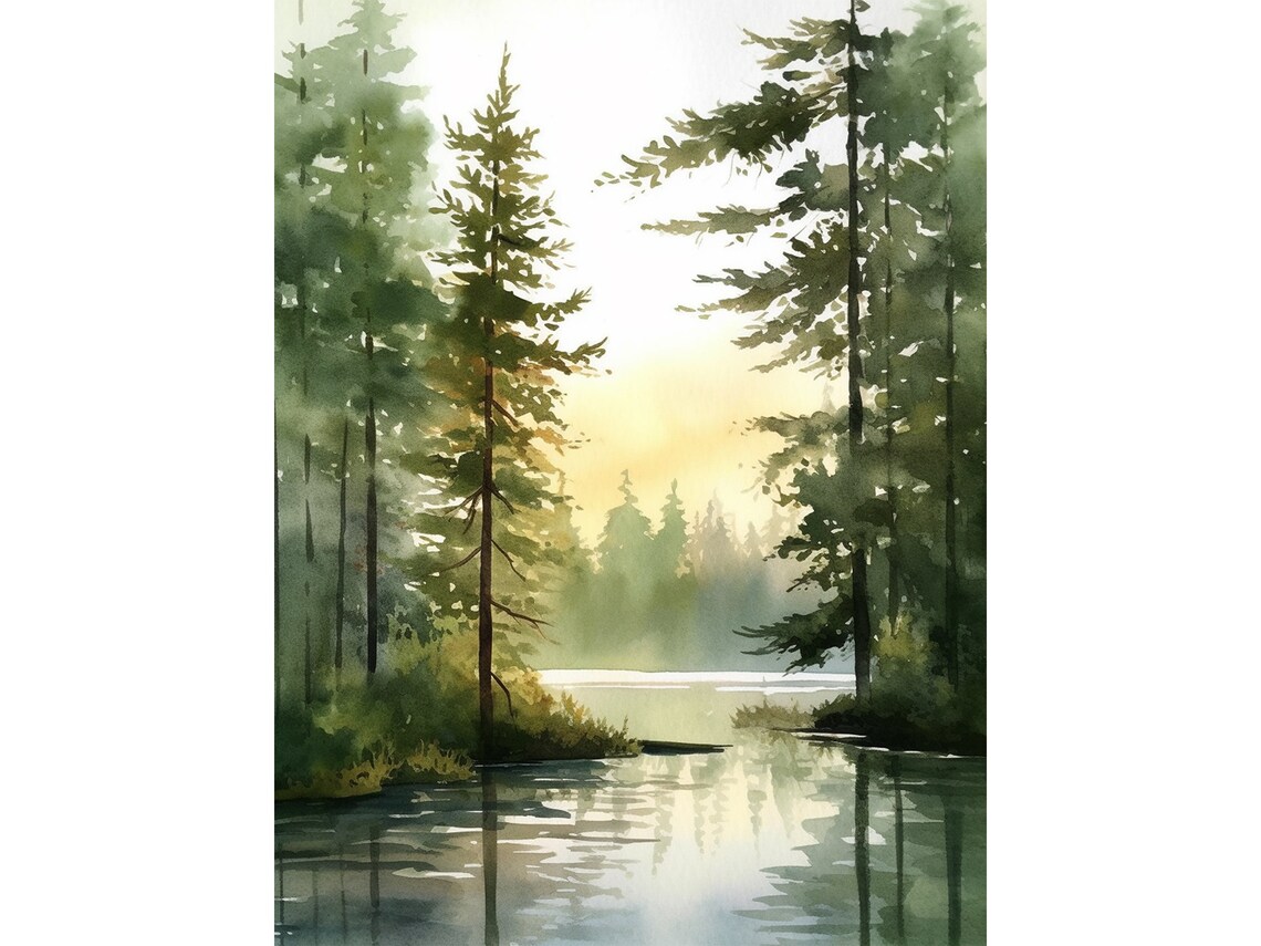 Acadia Eagle Lake Watercolor Art Print, Pine Forest