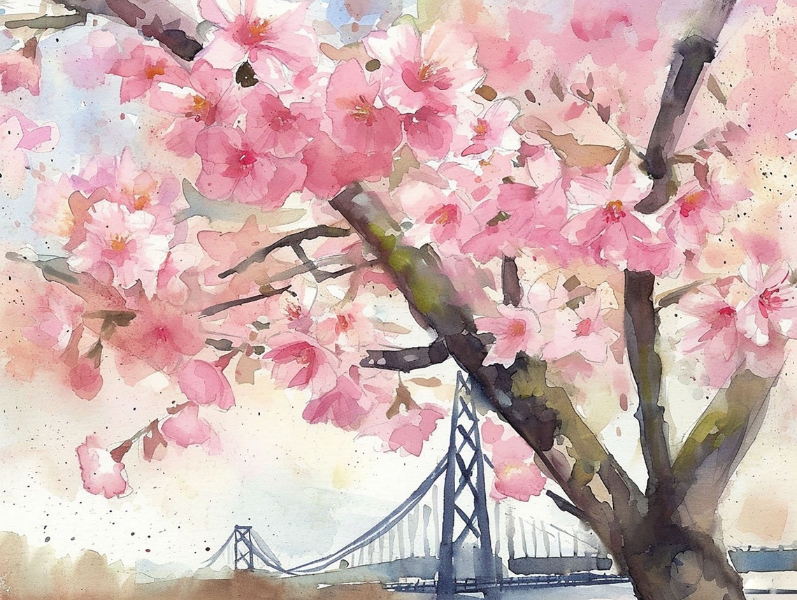 Portland Cherry Blossom Bridge Watercolor Spring Floral Poster