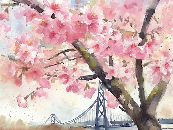 Portland Cherry Blossom Bridge Watercolor Spring Floral Poster