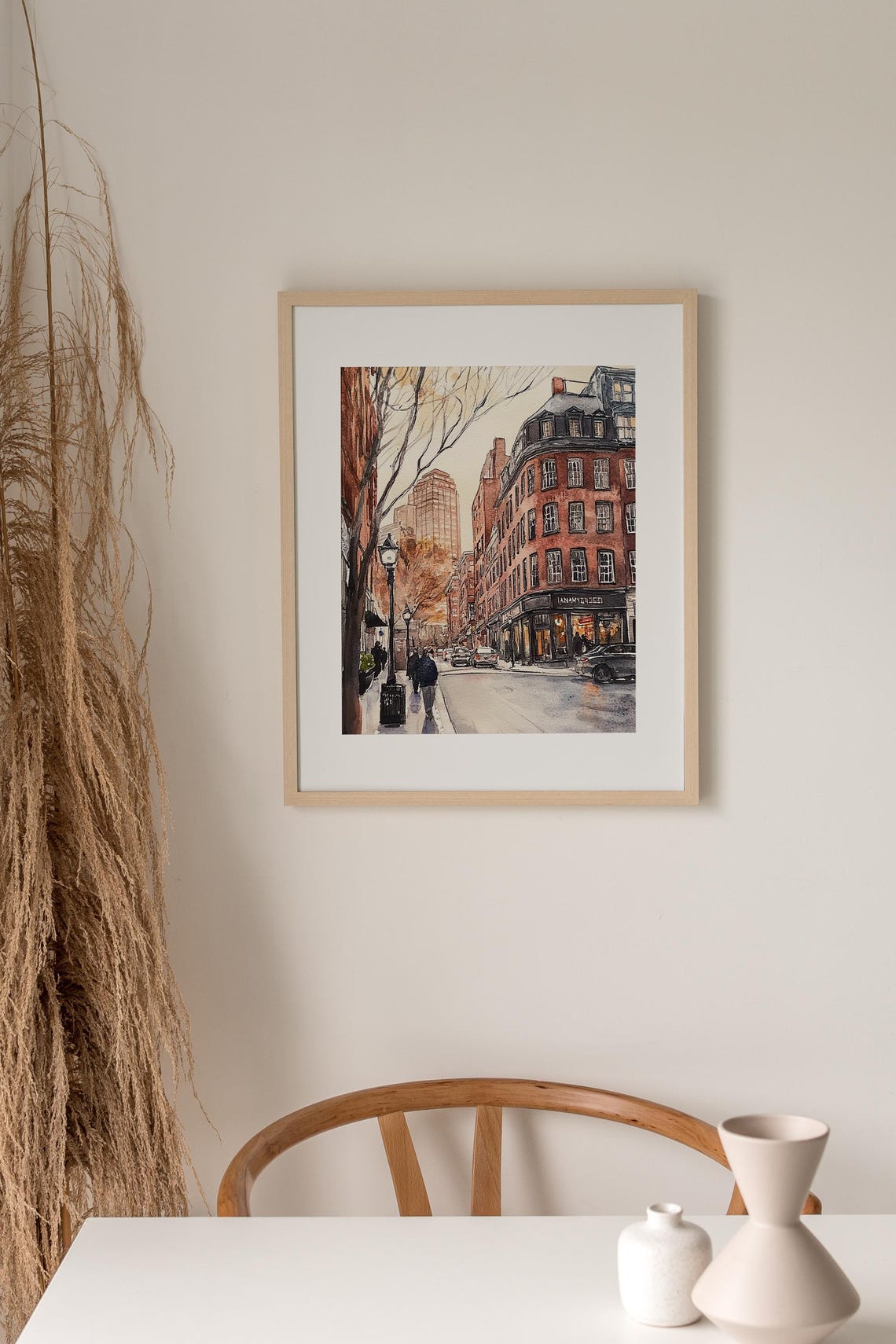 Historic Red Brick Street with Gas Lamps at Dusk Watercolor Poster - Image 2
