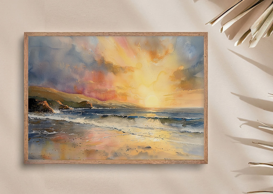 Sunset On Beach Watercolor Art Print, Seascape - Image 4
