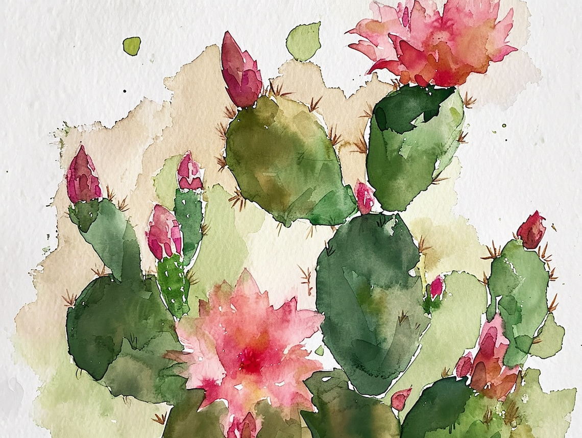 Blooming Cactus Watercolor Art Print, Floral Botanical Decor